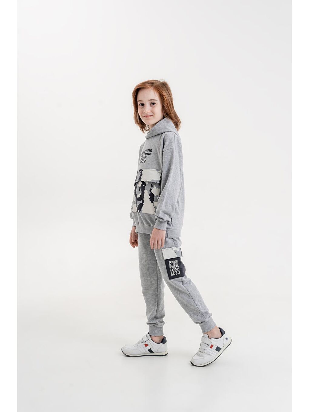 Mışıl Kids Gri Melanj Push Your Limits Baskılı Kapüşonlu Erkek Çocuk Genç Sweatshirt Eşofman Takımı - 1