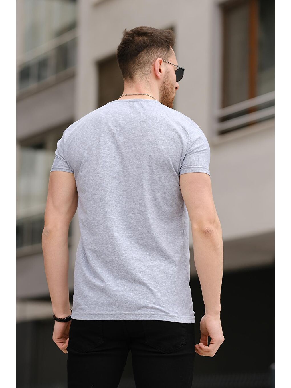Gri Brand Nakışlı Slim Fit Elastanlı Erkek Tişört-2