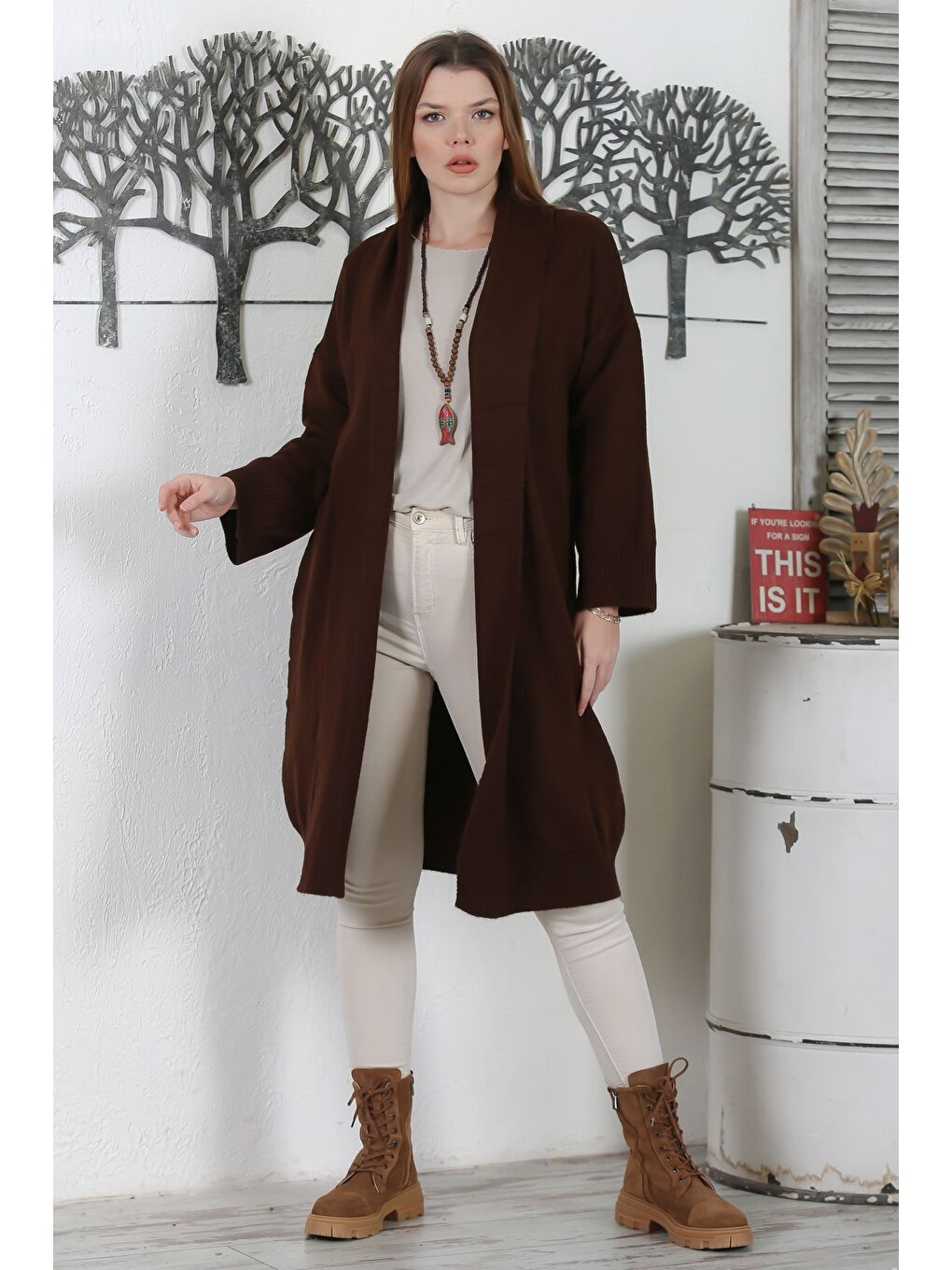 İtalyan Kahverengi Şal Yaka Uzun Kol Kapamasız Casual Akrilik Oversize Triko Hırka