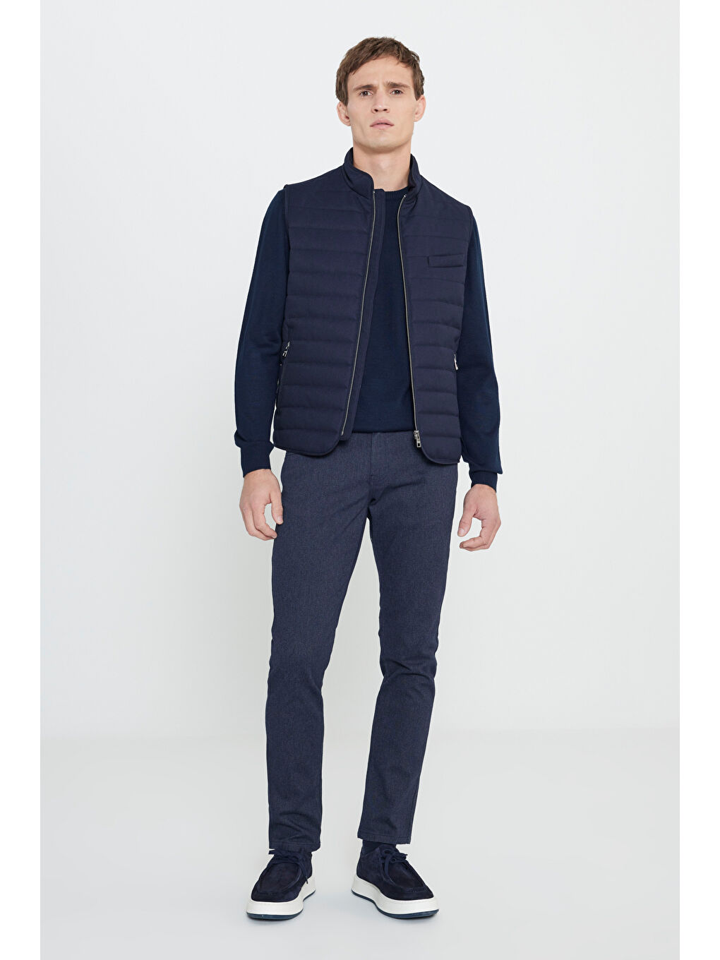 Erkek Lacivert Pamuklu Standart Fit Normal Kesim Dik Yaka Diagonal Desenli Casual Yelek-1