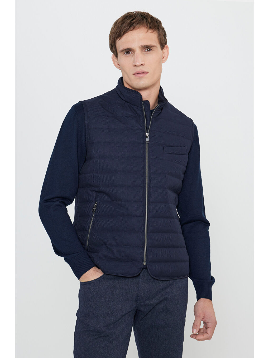 Erkek Lacivert Pamuklu Standart Fit Normal Kesim Dik Yaka Diagonal Desenli Casual Yelek-2