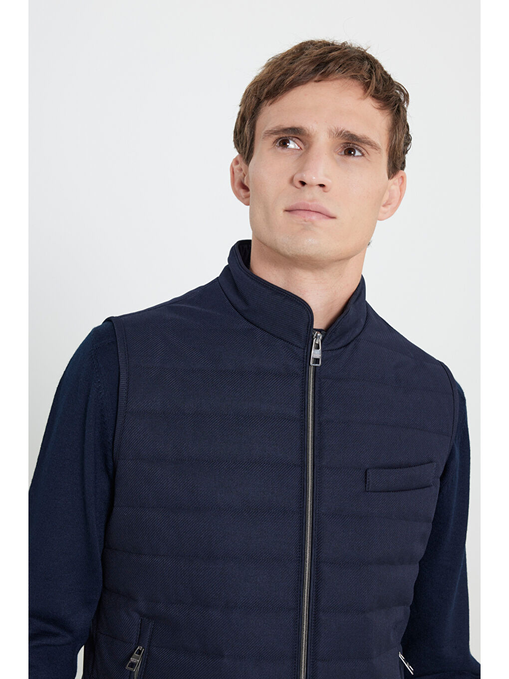 Erkek Lacivert Pamuklu Standart Fit Normal Kesim Dik Yaka Diagonal Desenli Casual Yelek-3