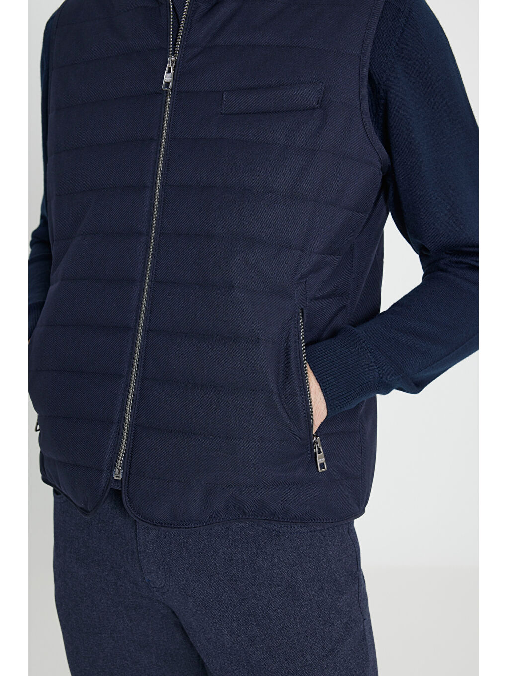 Erkek Lacivert Pamuklu Standart Fit Normal Kesim Dik Yaka Diagonal Desenli Casual Yelek-4