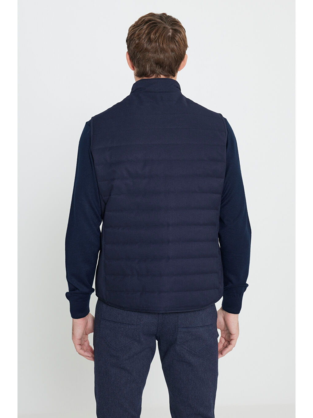 Erkek Lacivert Pamuklu Standart Fit Normal Kesim Dik Yaka Diagonal Desenli Casual Yelek-5