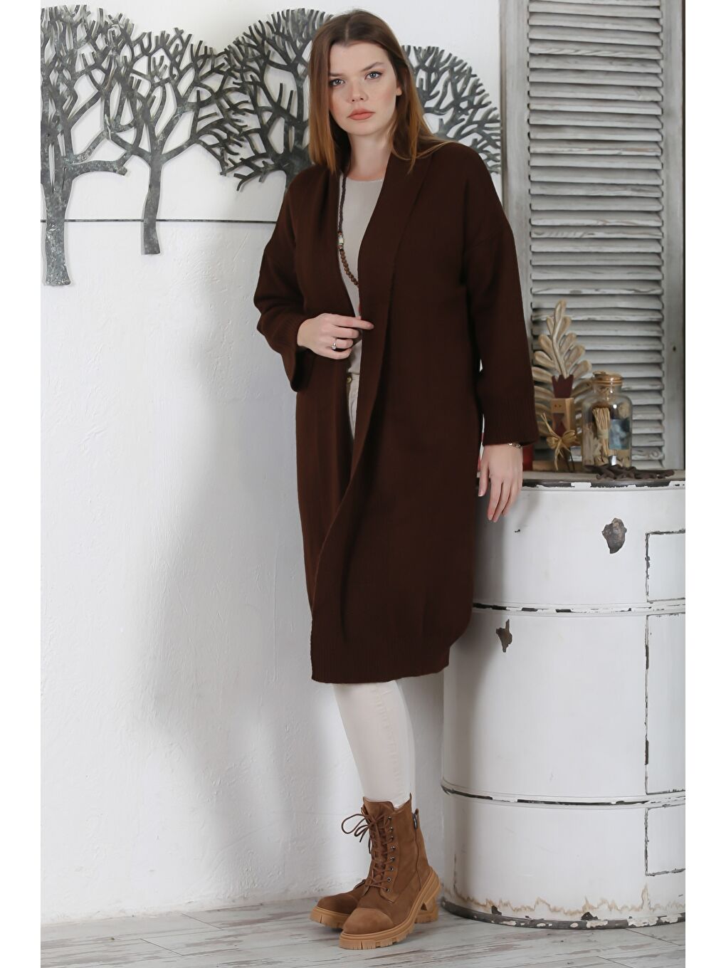 İtalyan Kahverengi Şal Yaka Uzun Kol Kapamasız Casual Akrilik Oversize Triko Hırka-1