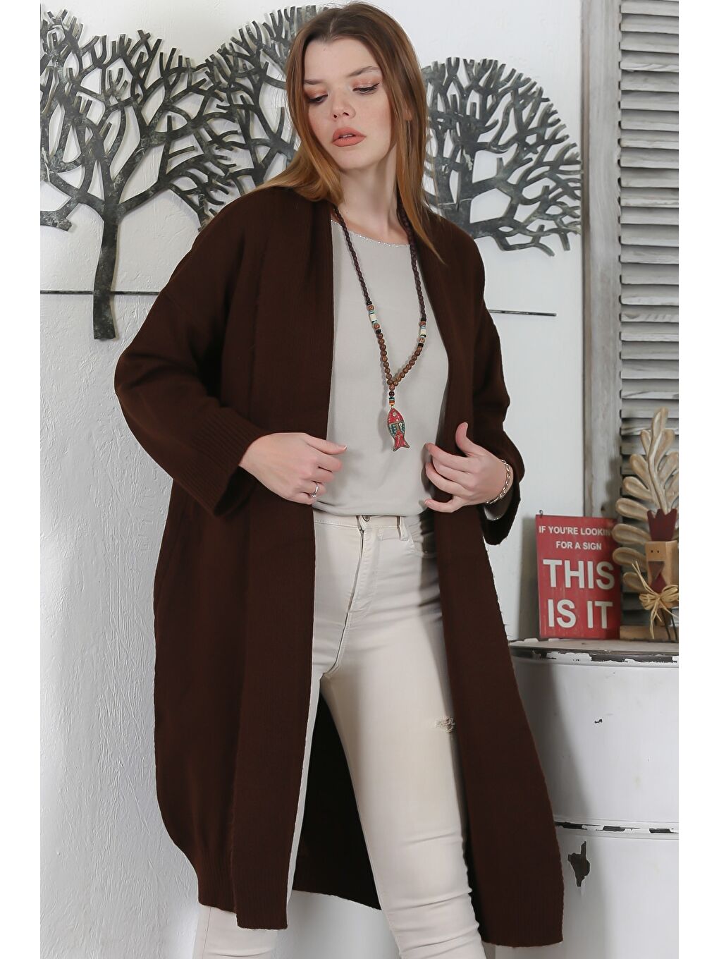 İtalyan Kahverengi Şal Yaka Uzun Kol Kapamasız Casual Akrilik Oversize Triko Hırka-2