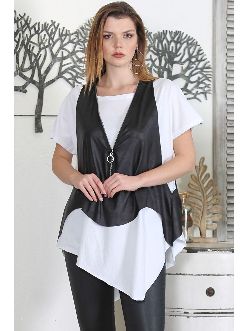 Siyah Fermuarlı Dokuma Oversize Casual Suni Deri Yelek