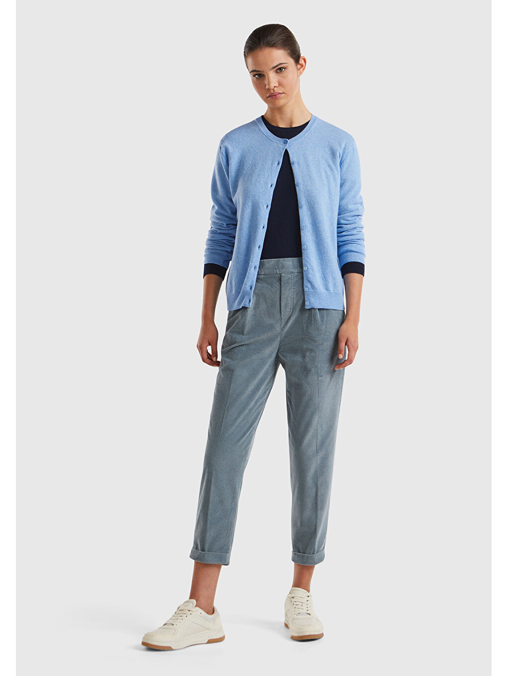 Kadın Gri Beli Lastikli Kadife Pantolon-4