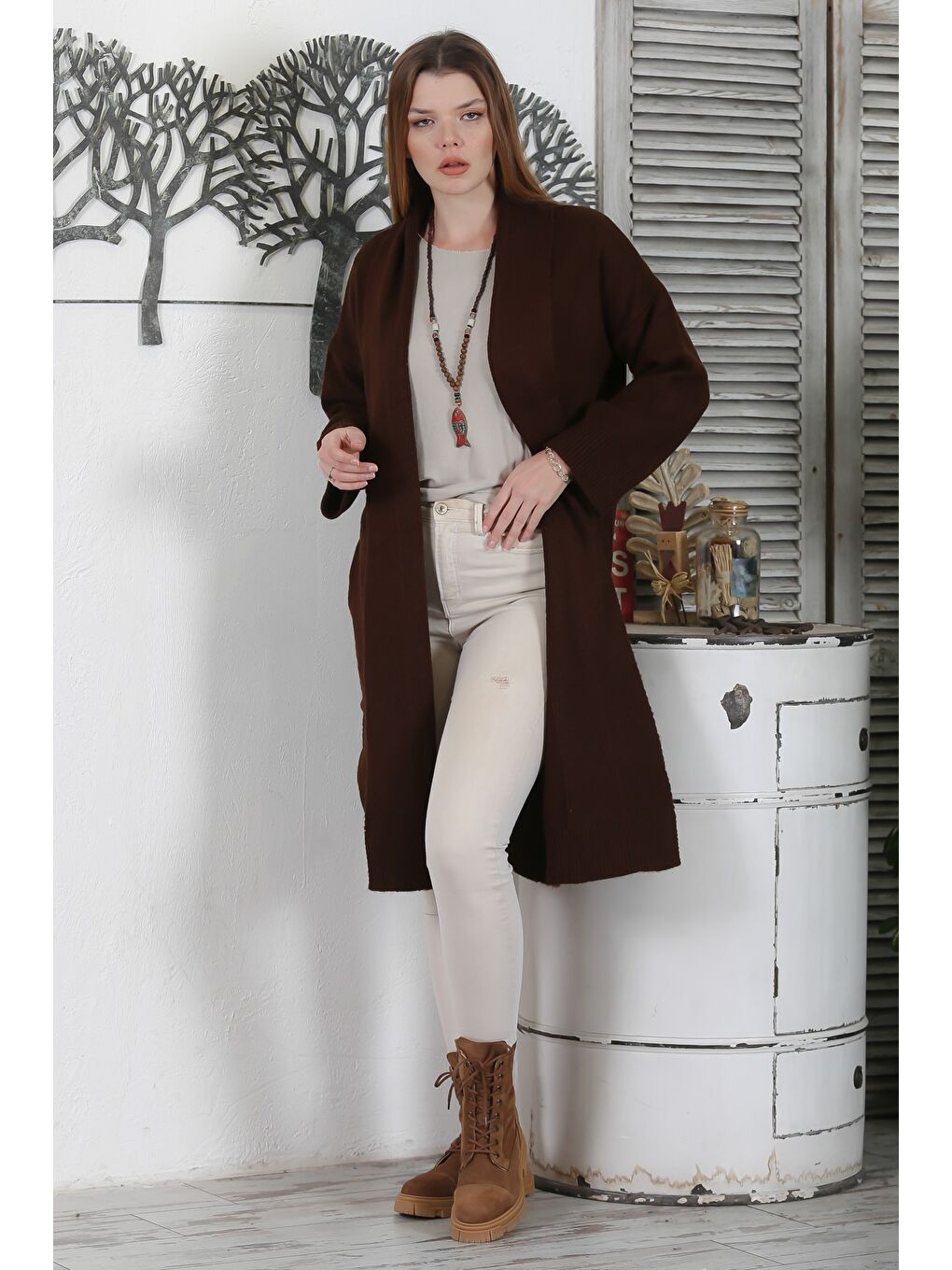 İtalyan Kahverengi Şal Yaka Uzun Kol Kapamasız Casual Akrilik Oversize Triko Hırka-3