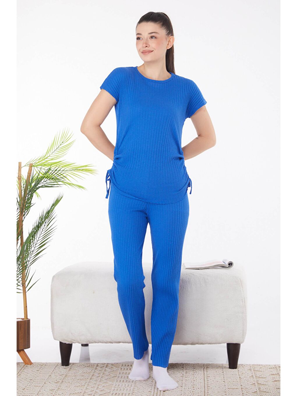 Bisiklet Yaka Kadın Mavi Yanları Bağcıklı İkili Takım - 25839