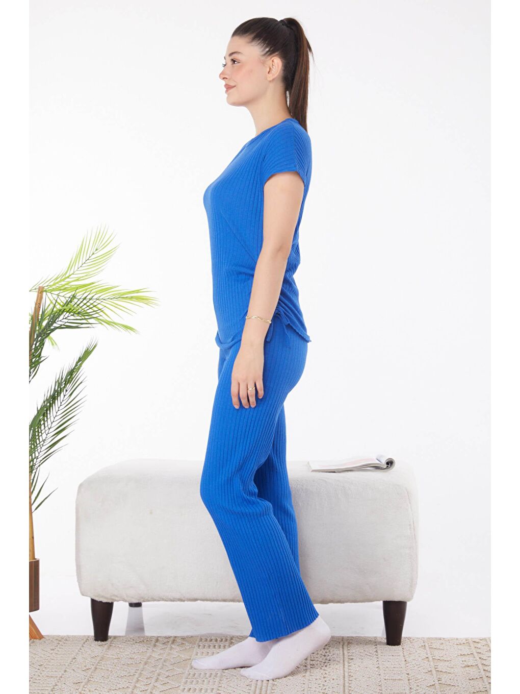 Bisiklet Yaka Kadın Mavi Yanları Bağcıklı İkili Takım - 25839-1