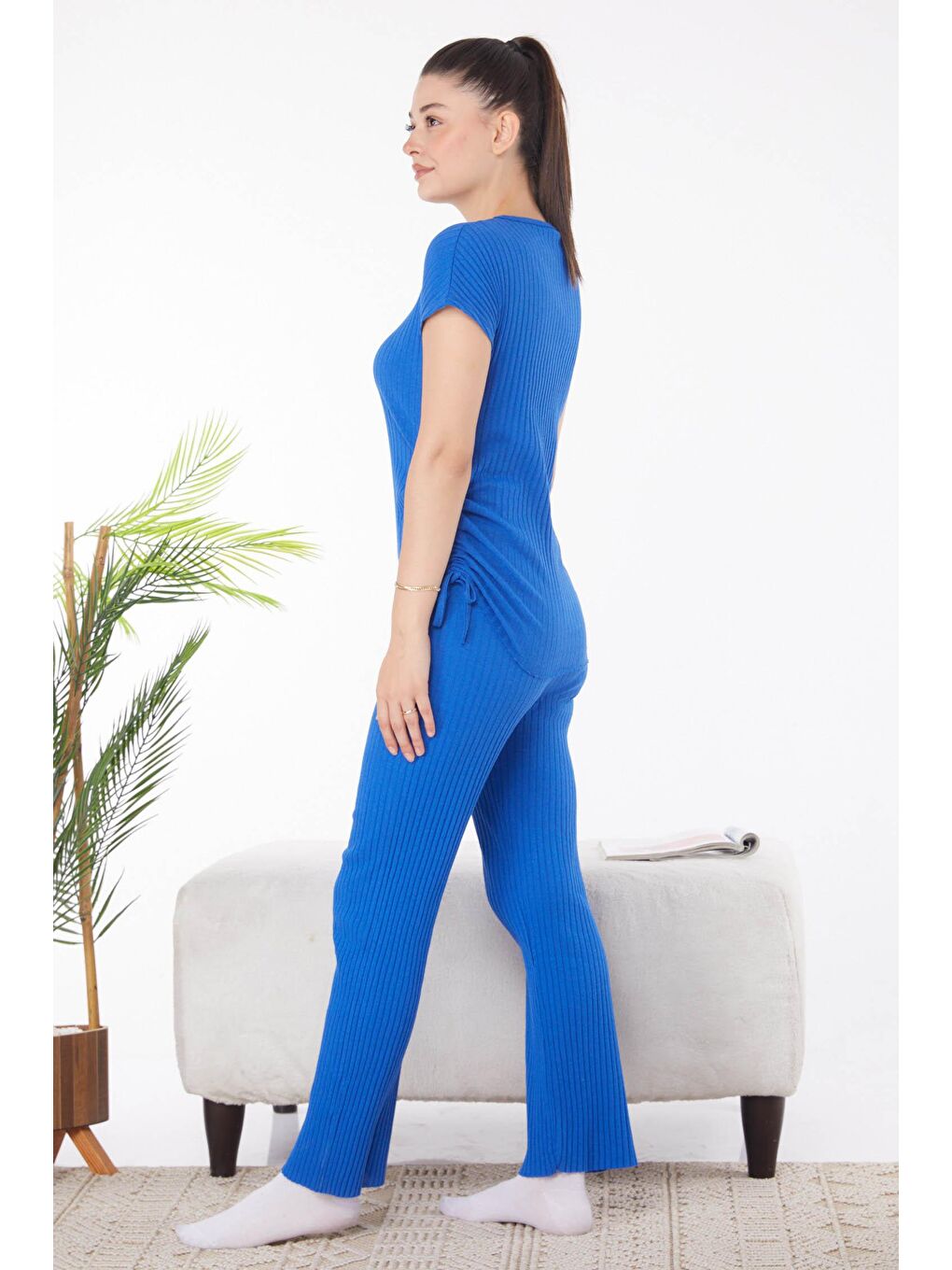 Bisiklet Yaka Kadın Mavi Yanları Bağcıklı İkili Takım - 25839-2