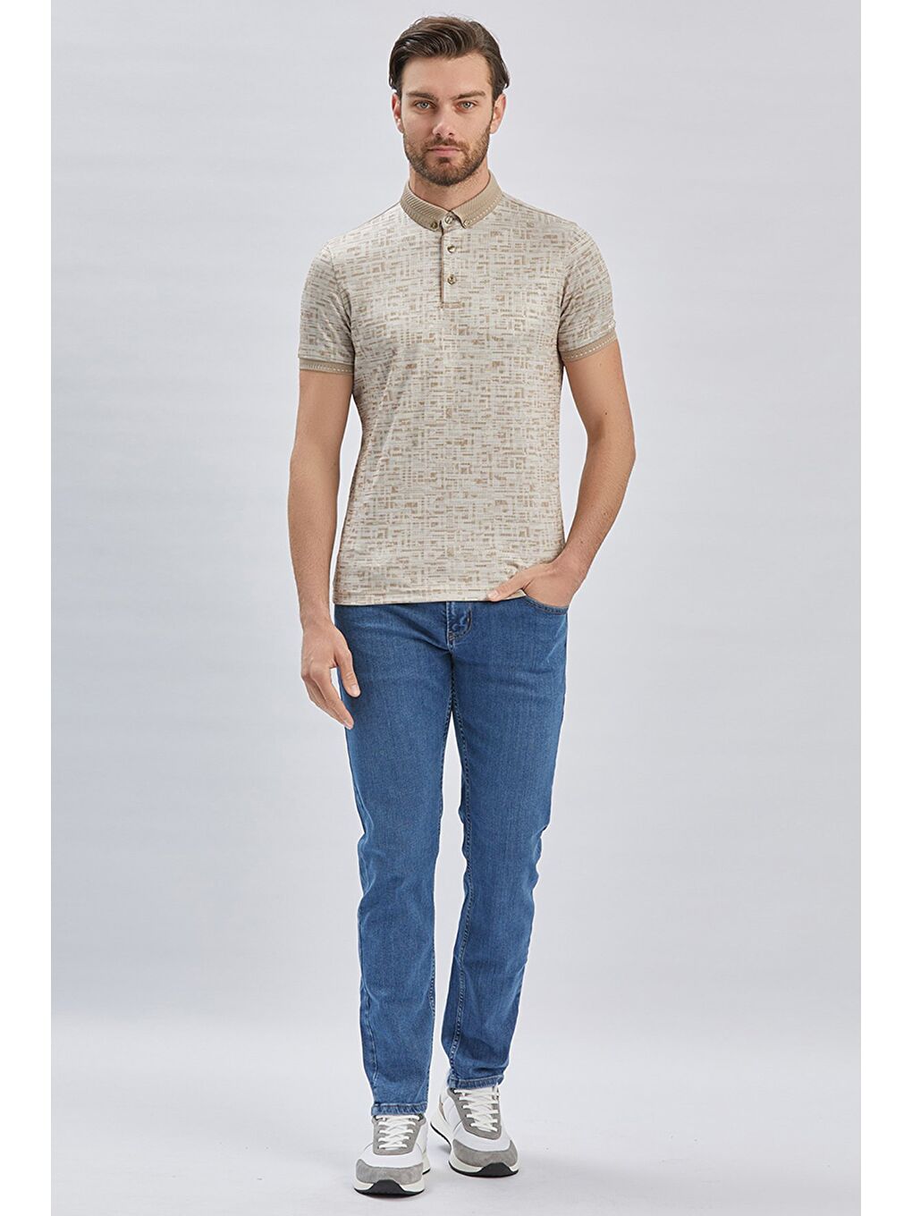 Bej Desenli Merserize Düğmeli Yaka Pamuklu Casual Slim Fit Dar Kesim Tişört 1011240160