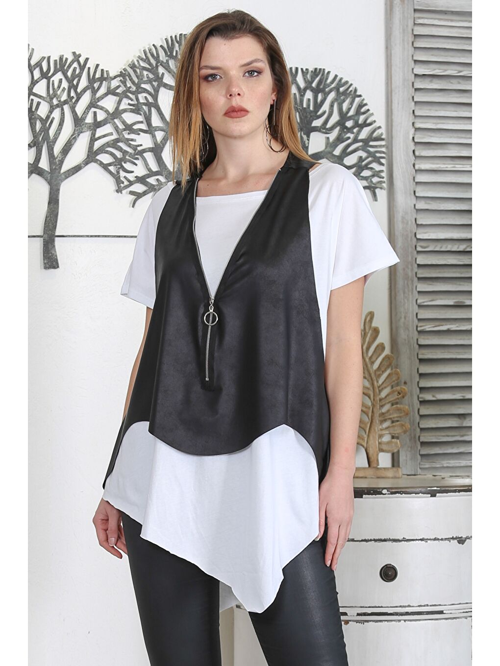 Siyah Fermuarlı Dokuma Oversize Casual Suni Deri Yelek-1