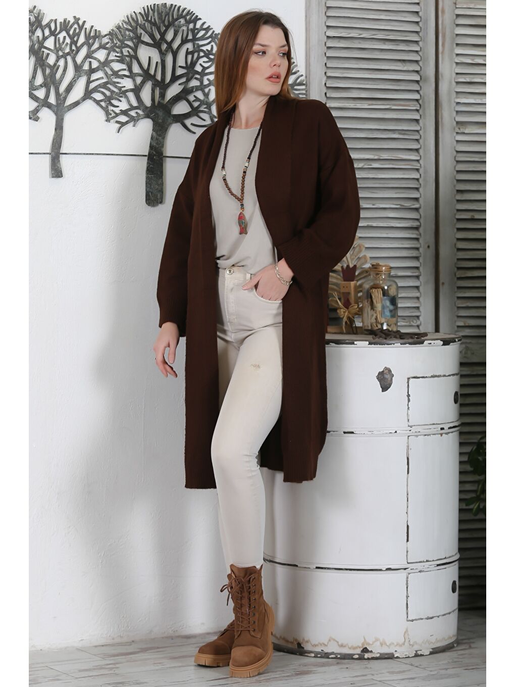 İtalyan Kahverengi Şal Yaka Uzun Kol Kapamasız Casual Akrilik Oversize Triko Hırka-4