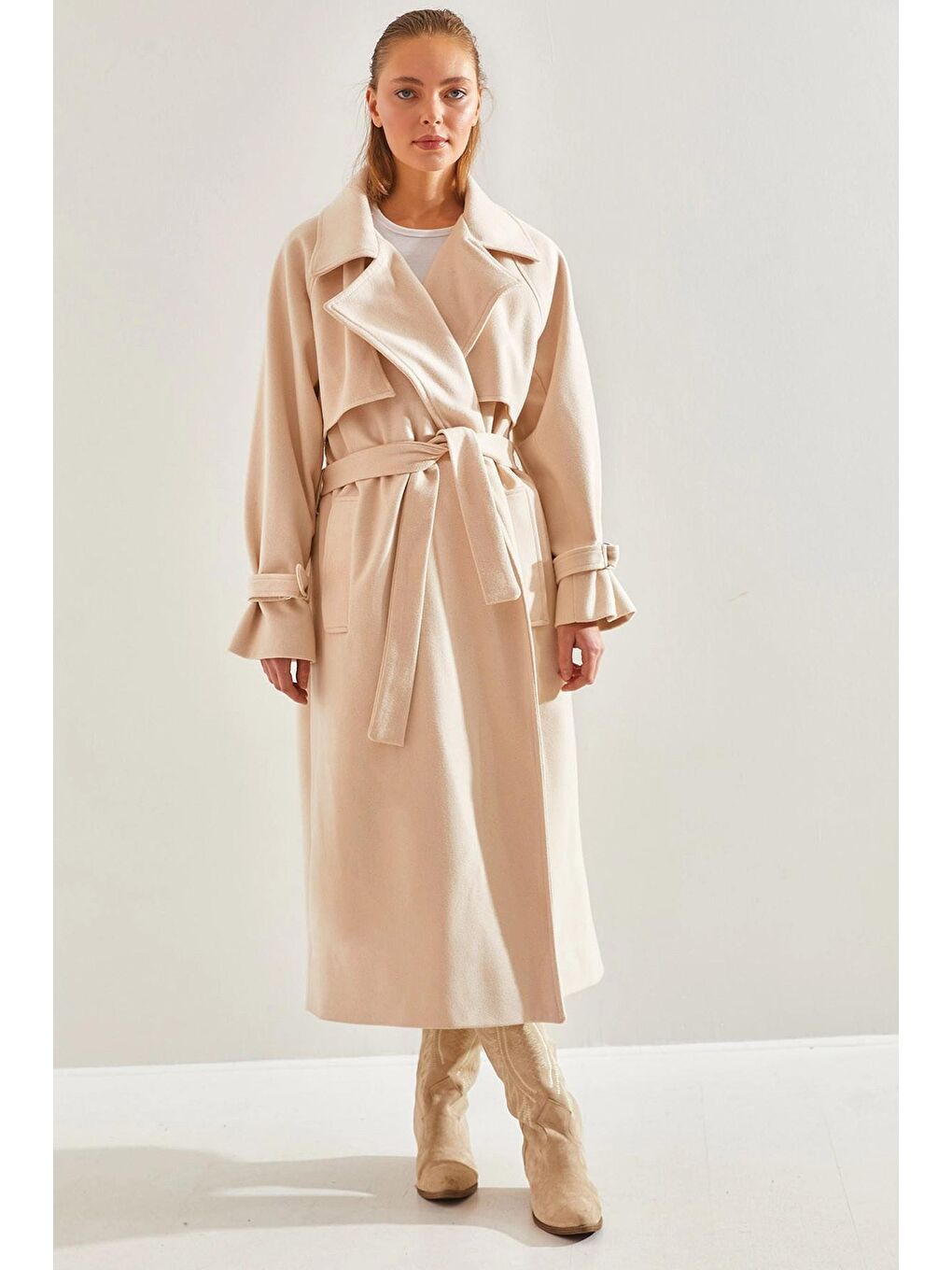 Bej Kadın Rüzgarlıklı Uzun Kaşe Kaban 8102 60141014