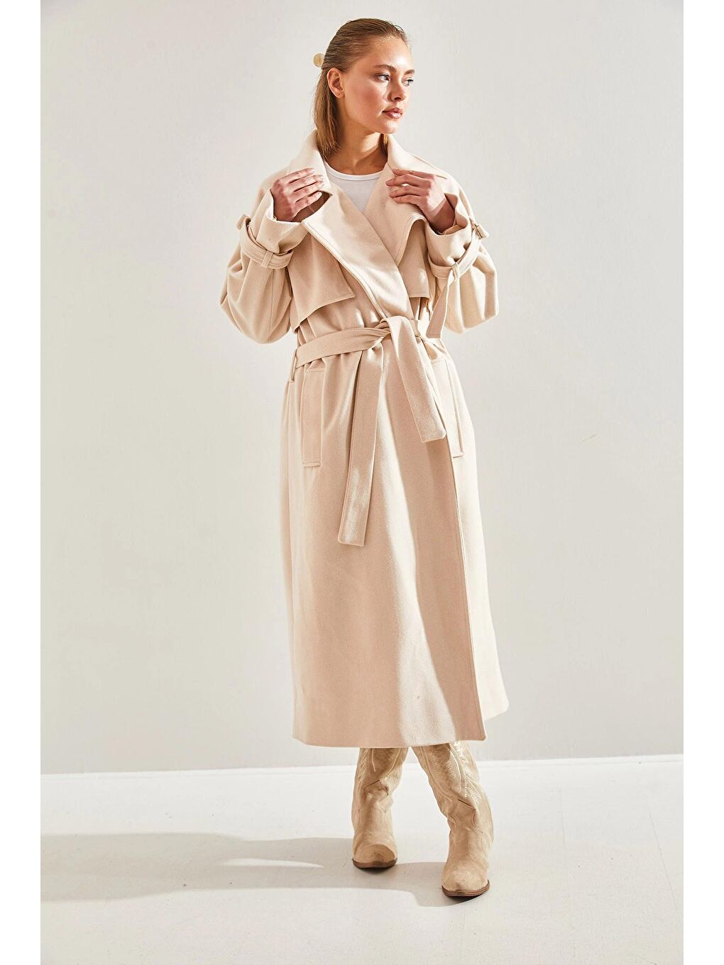 Bej Kadın Rüzgarlıklı Uzun Kaşe Kaban 8102 60141014-1