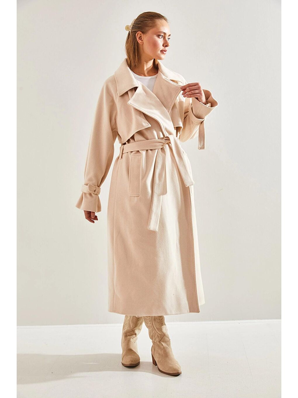 Bej Kadın Rüzgarlıklı Uzun Kaşe Kaban 8102 60141014-2