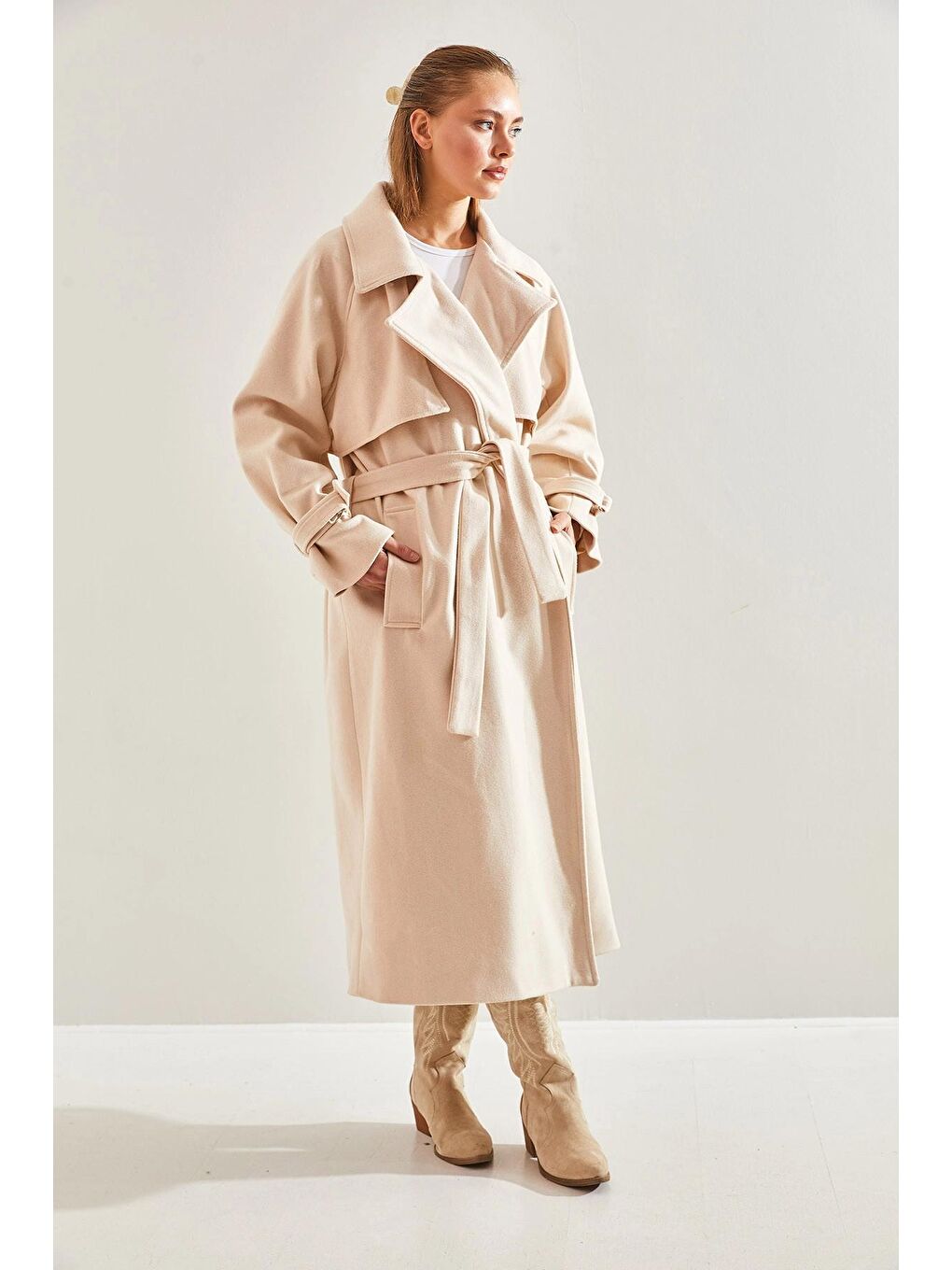 Bej Kadın Rüzgarlıklı Uzun Kaşe Kaban 8102 60141014-3