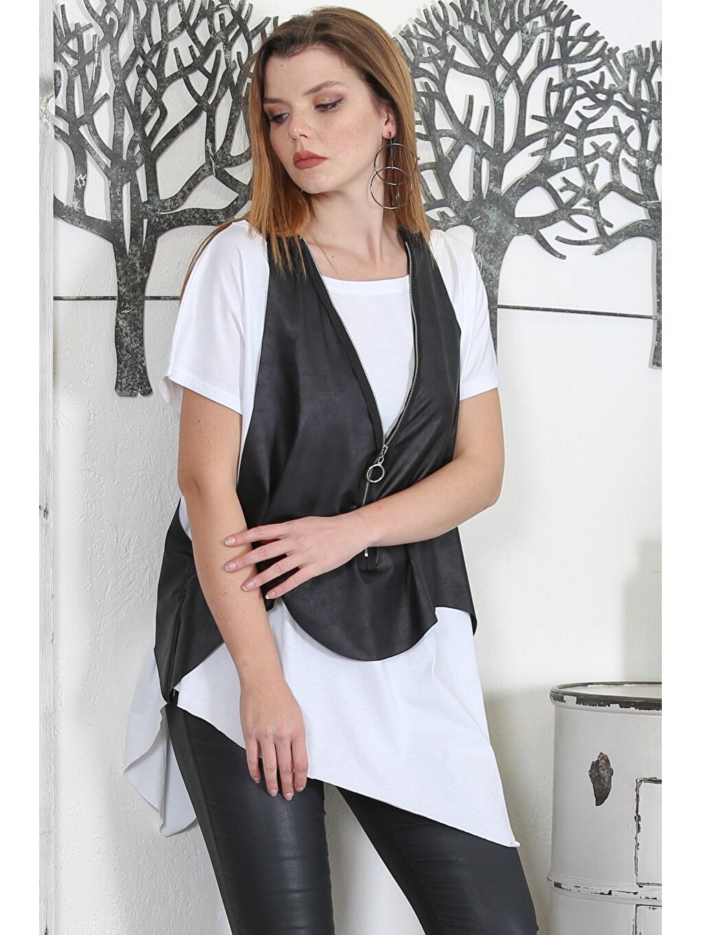 Siyah Fermuarlı Dokuma Oversize Casual Suni Deri Yelek-2