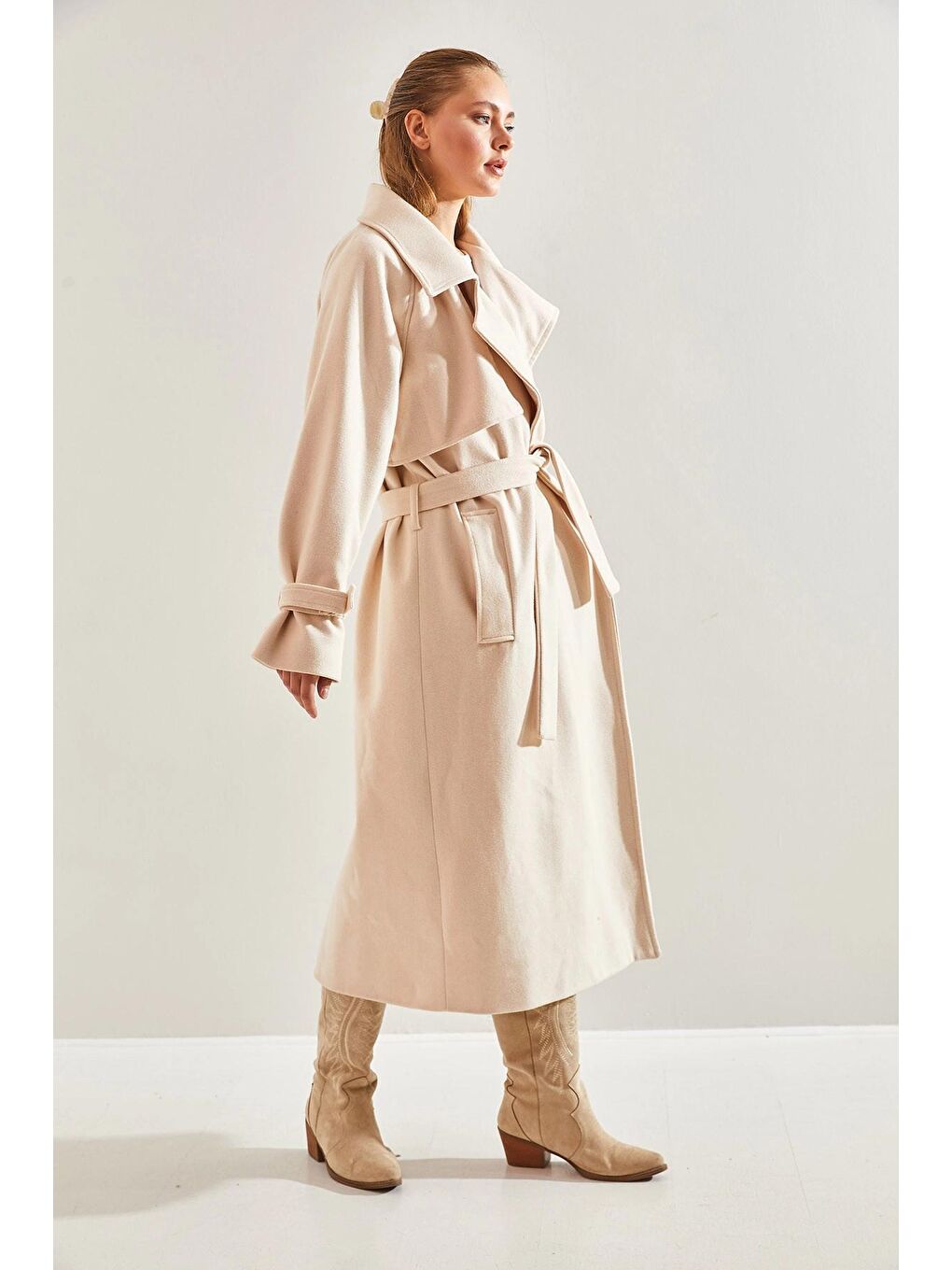 Bej Kadın Rüzgarlıklı Uzun Kaşe Kaban 8102 60141014-4