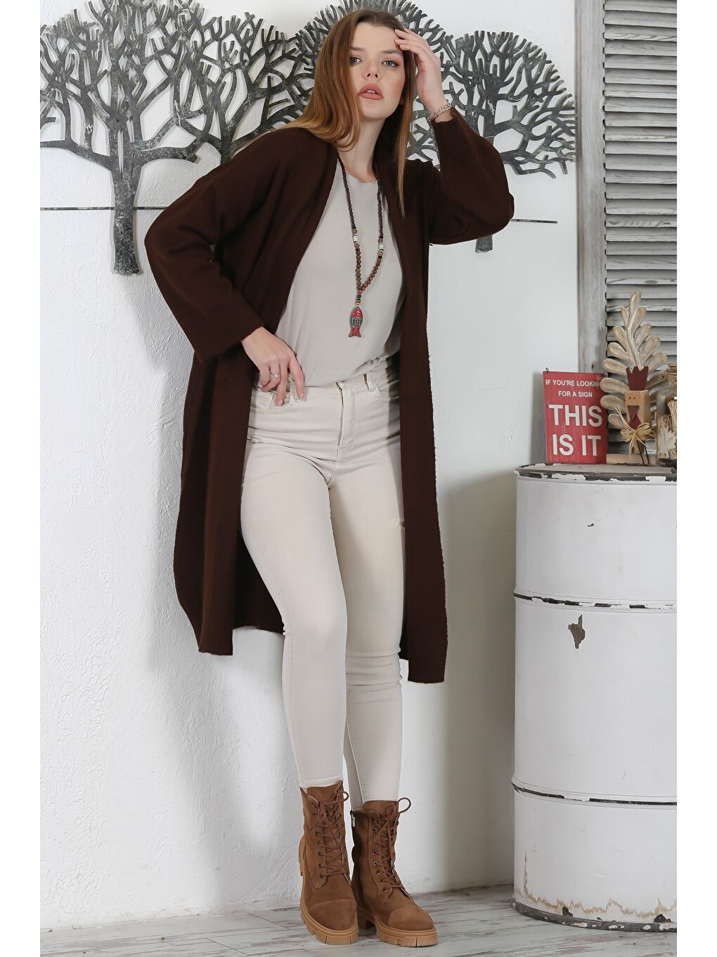 İtalyan Kahverengi Şal Yaka Uzun Kol Kapamasız Casual Akrilik Oversize Triko Hırka-5