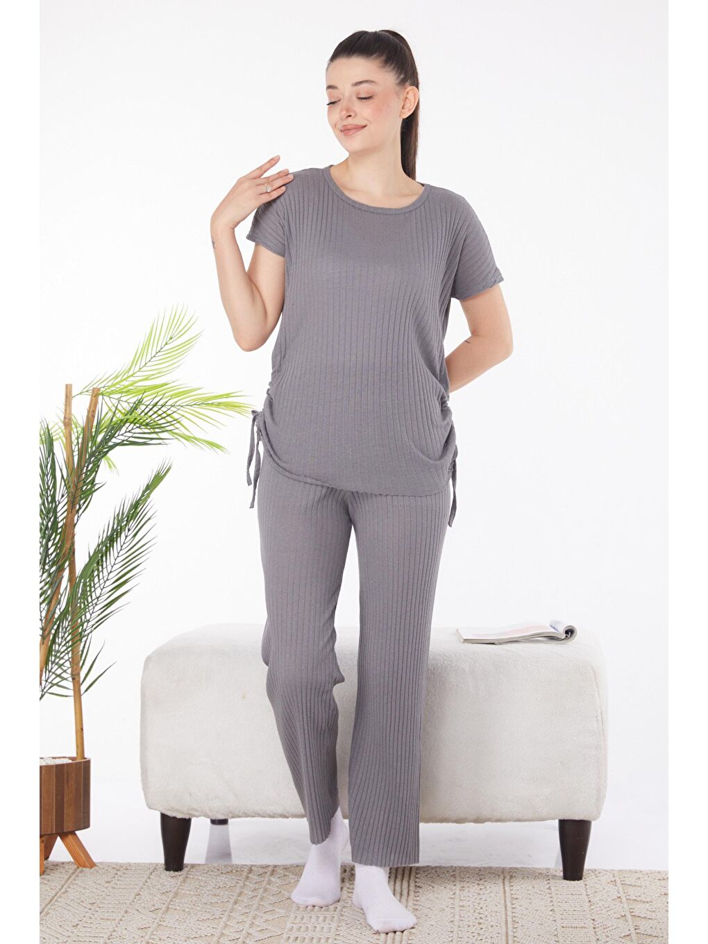 Bisiklet Yaka Kadın Antrasit Yanları Bağcıklı İkili Takım - 25839