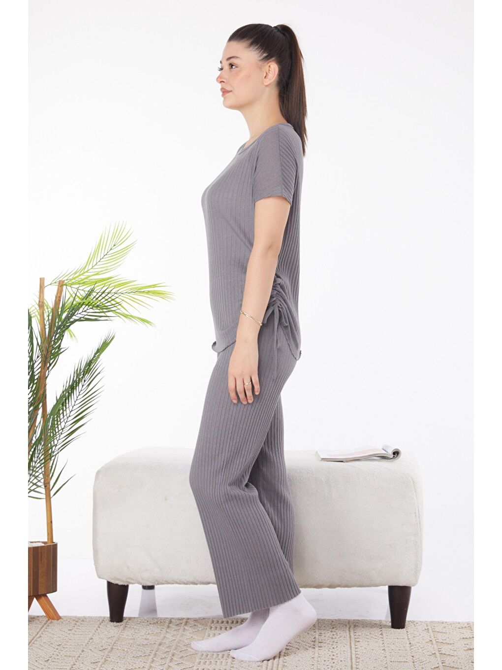 Bisiklet Yaka Kadın Antrasit Yanları Bağcıklı İkili Takım - 25839-1