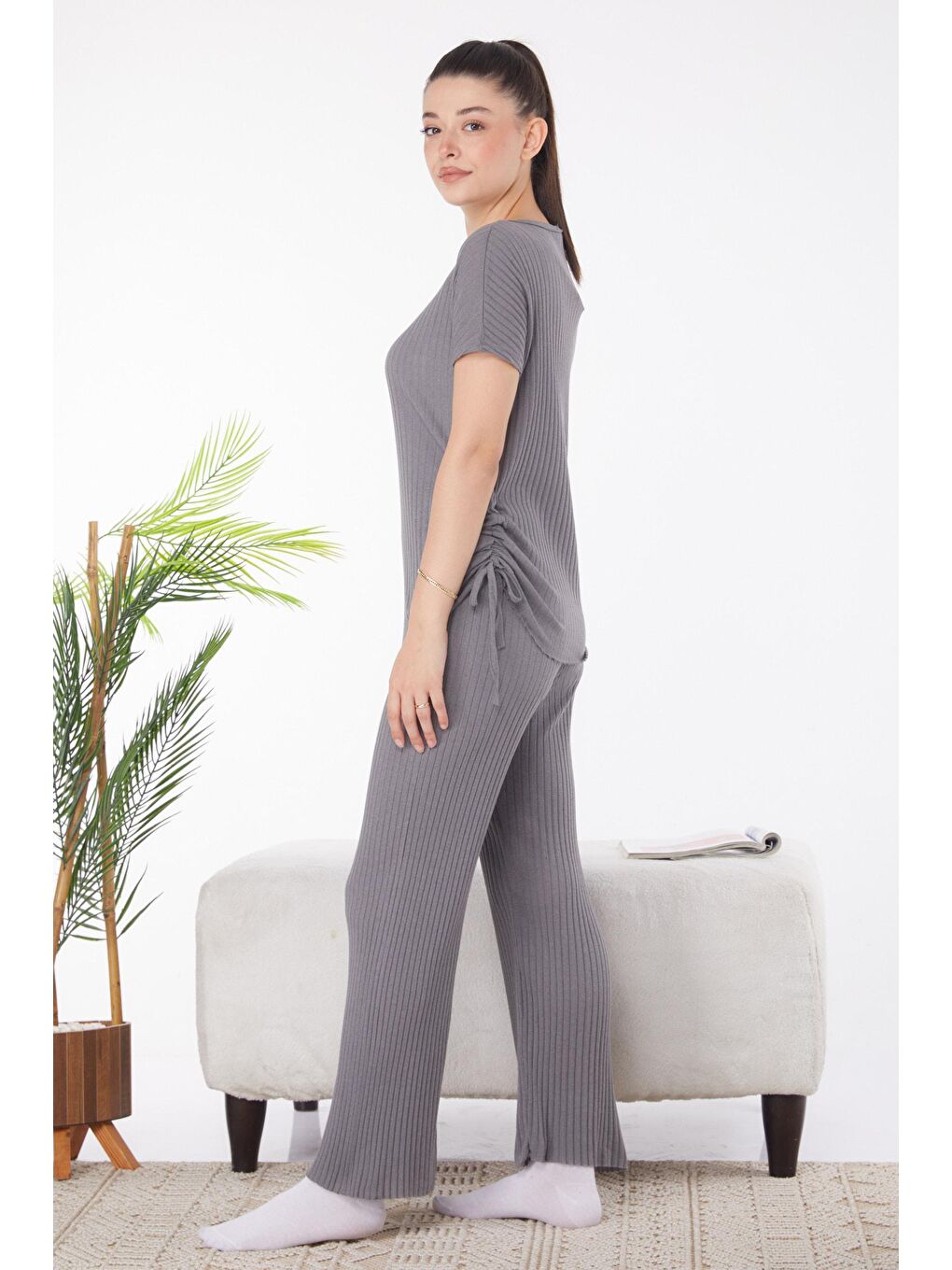 Bisiklet Yaka Kadın Antrasit Yanları Bağcıklı İkili Takım - 25839-2