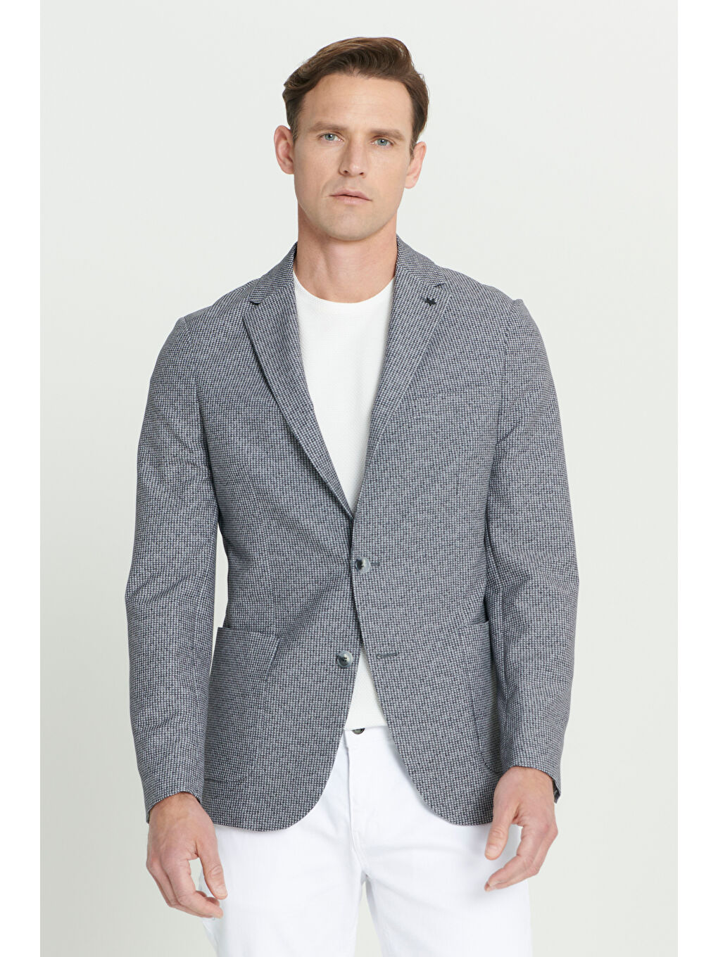 Erkek Siyah-Beyaz Slim Fit Dar Kesim Mono Yaka Desenli Blazer Ceket-2