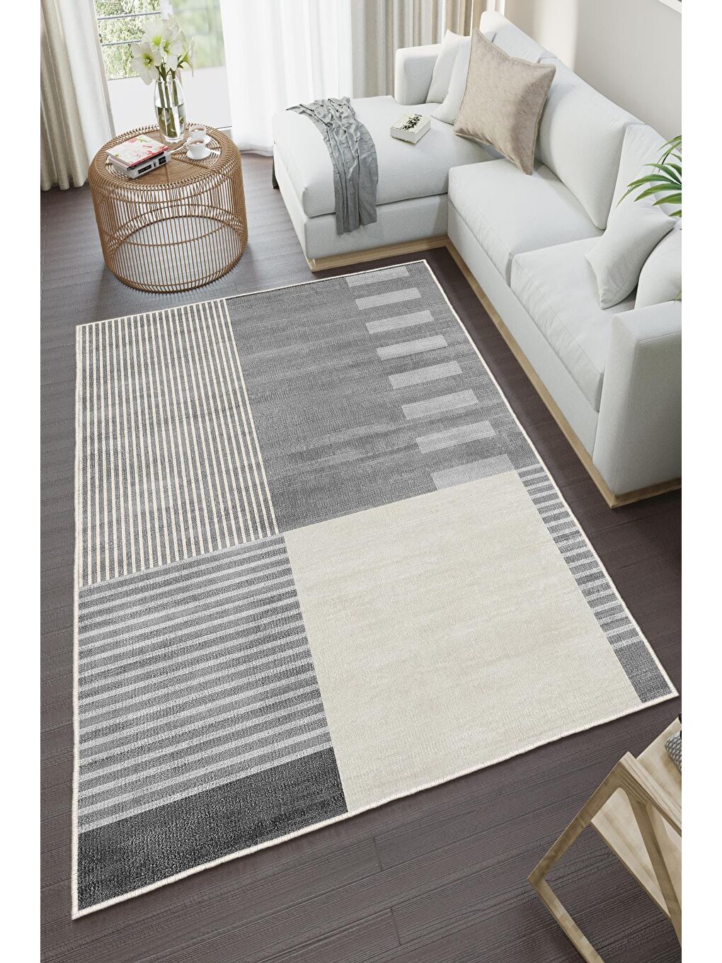 Gri Özel Tasarım, Kaymaz Taban, İnce, Yıkanabilir, Modern Halı WOOKECE1478 180x280-2