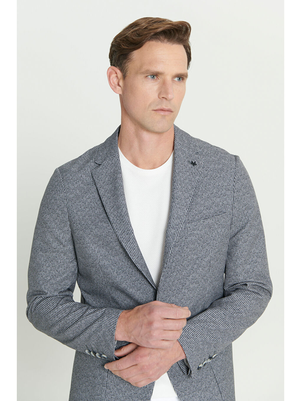 Erkek Siyah-Beyaz Slim Fit Dar Kesim Mono Yaka Desenli Blazer Ceket-3