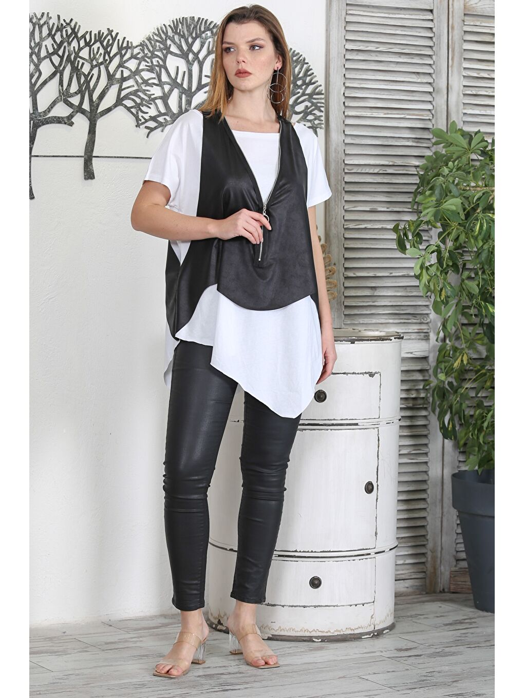 Siyah Fermuarlı Dokuma Oversize Casual Suni Deri Yelek-3