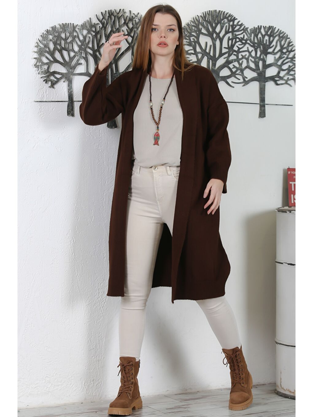 İtalyan Kahverengi Şal Yaka Uzun Kol Kapamasız Casual Akrilik Oversize Triko Hırka-6