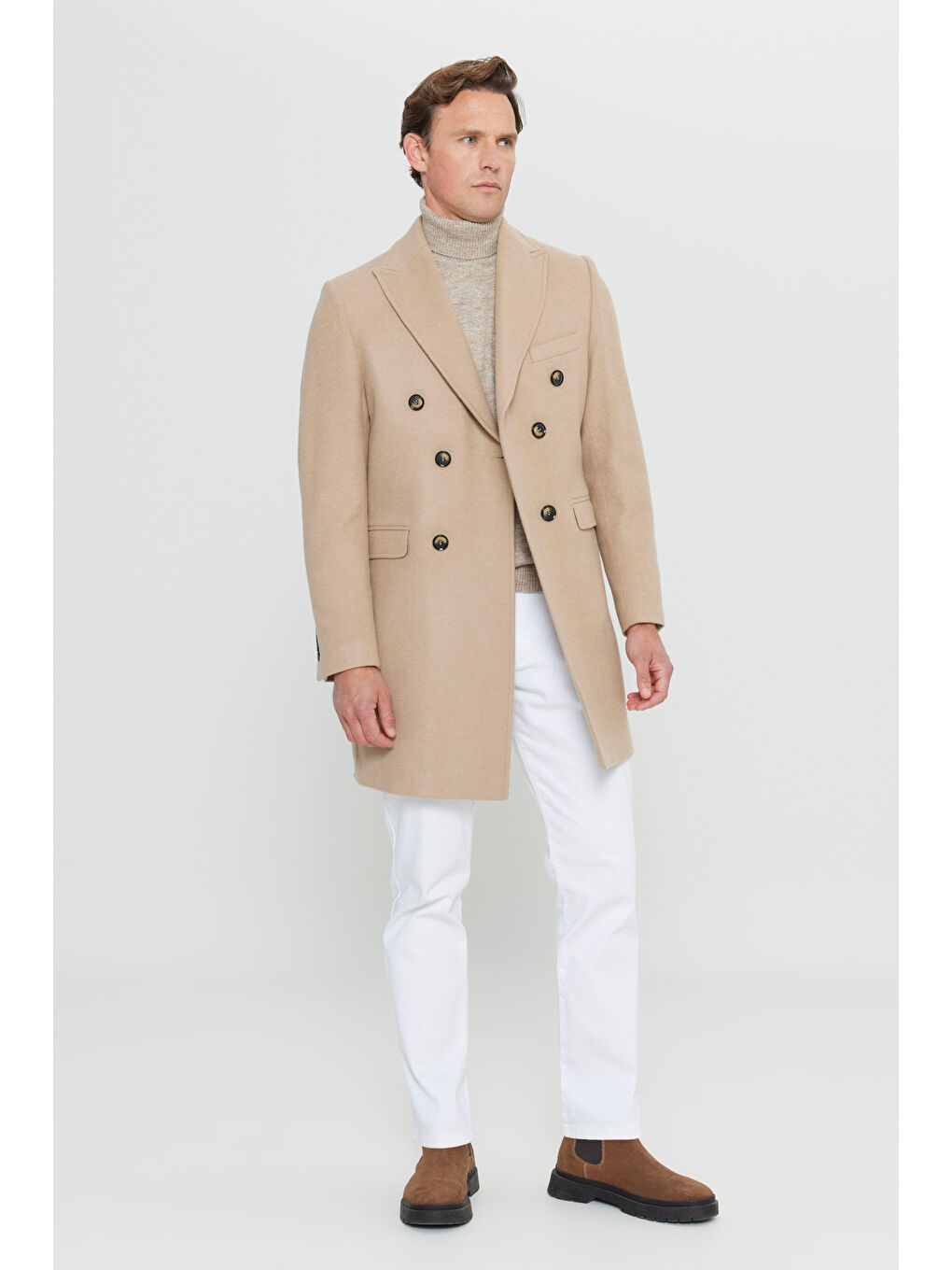 Erkek Bej Sıcak Tutan Standart Fit Normal Kesim Mono Yaka Kapak Cepli Palto-1