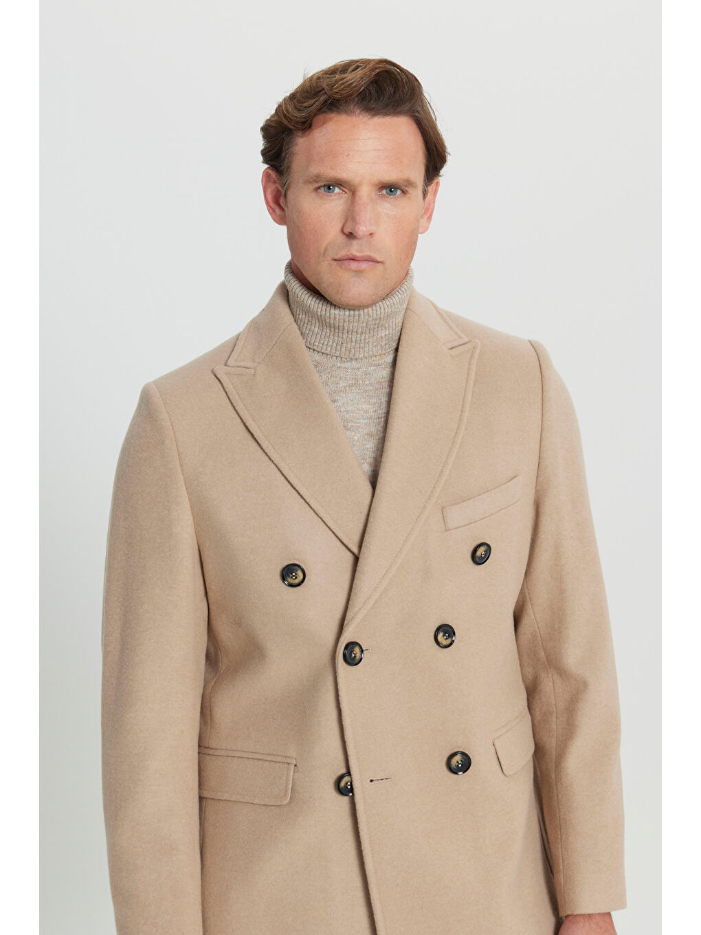 Erkek Bej Sıcak Tutan Standart Fit Normal Kesim Mono Yaka Kapak Cepli Palto-3
