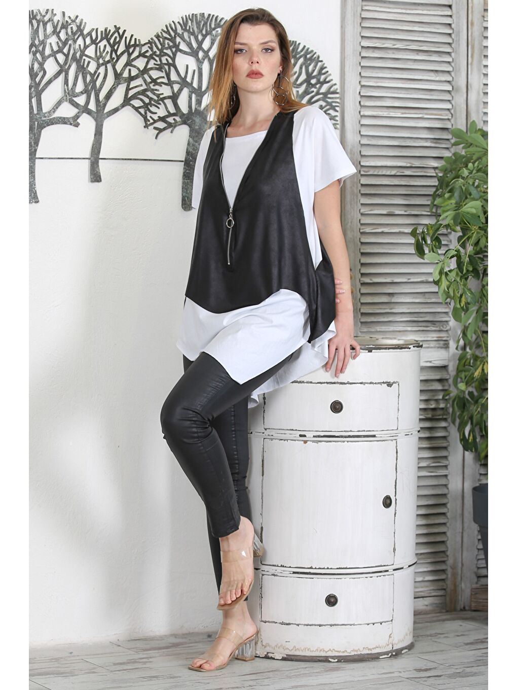 Siyah Fermuarlı Dokuma Oversize Casual Suni Deri Yelek-4