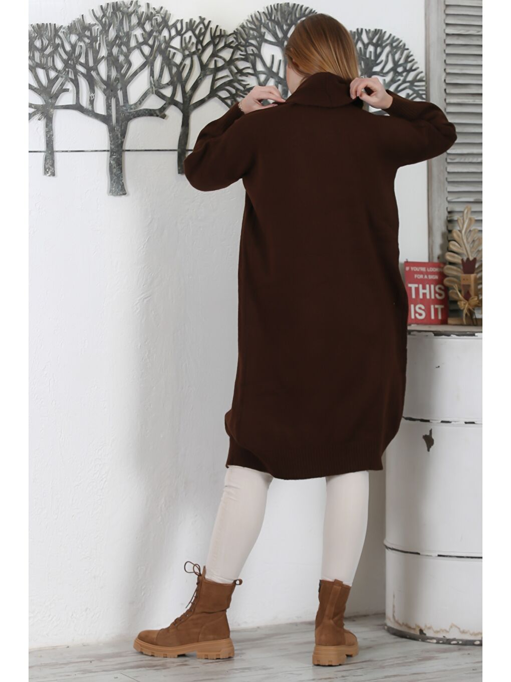 İtalyan Kahverengi Şal Yaka Uzun Kol Kapamasız Casual Akrilik Oversize Triko Hırka-7