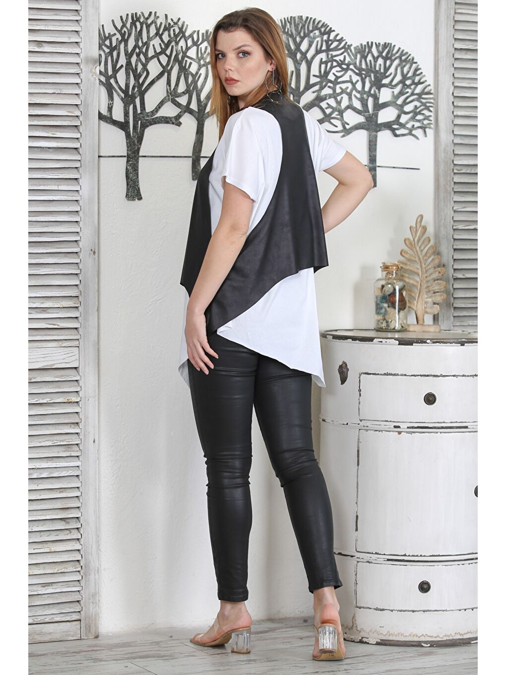 Siyah Fermuarlı Dokuma Oversize Casual Suni Deri Yelek-5