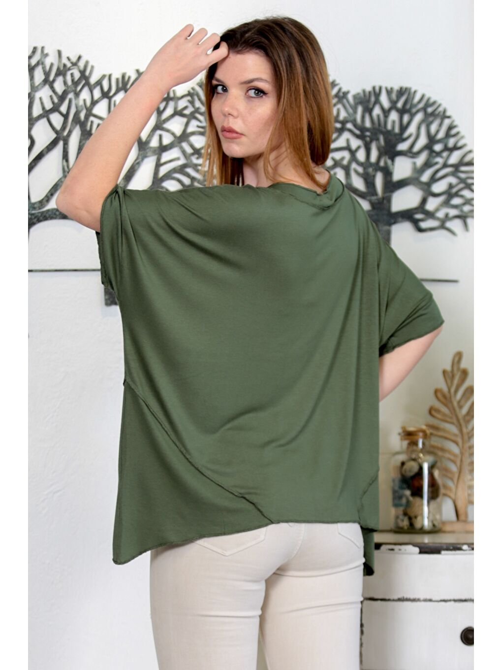 Koyu Haki Yuvarlak Yaka Kısa Kol Örme Oversize Casual Tişört-7