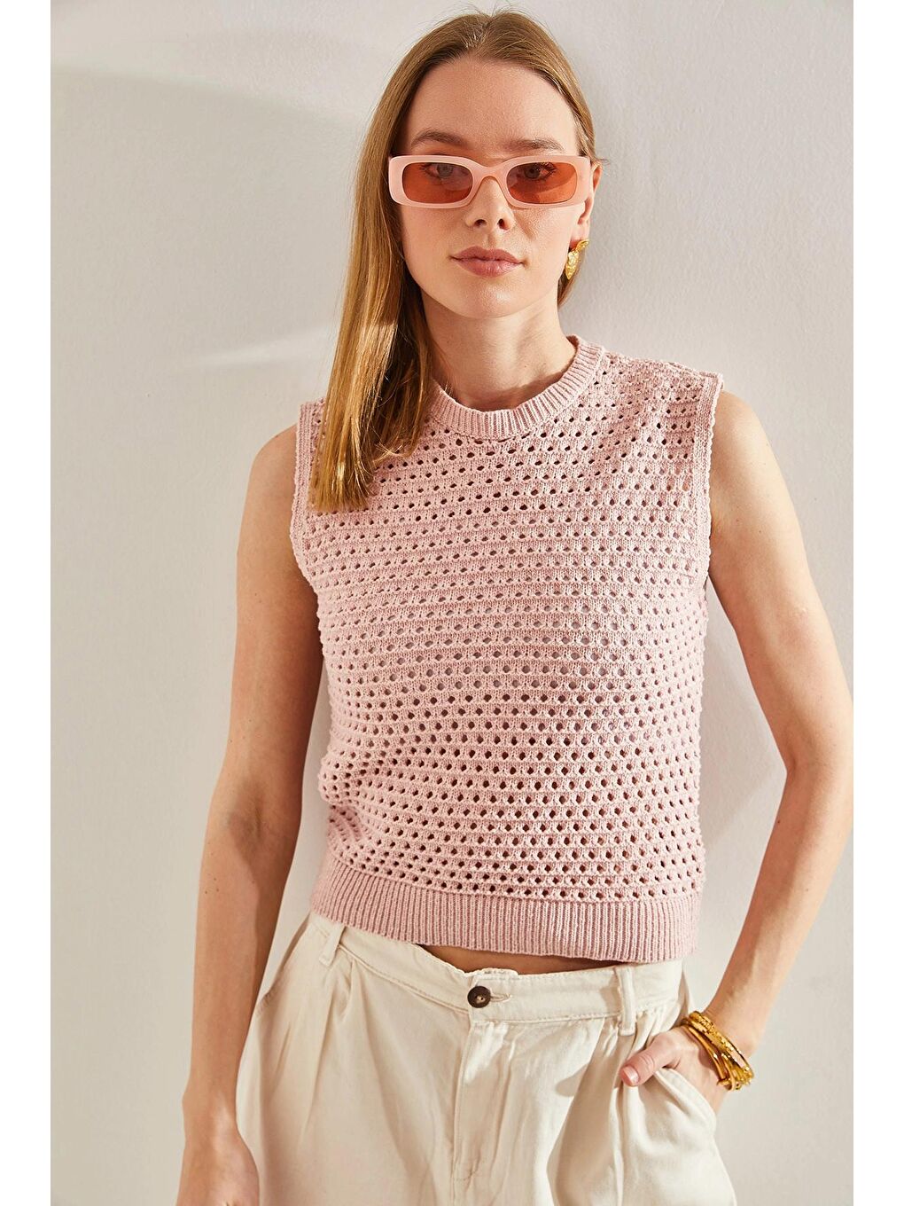 Pembe Kadın Örgü Desenli Triko Bluz