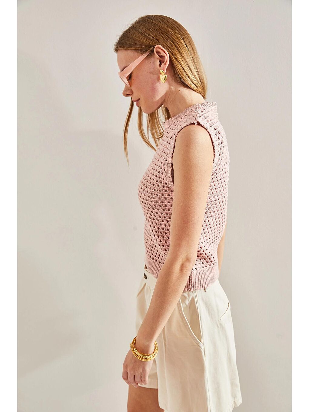 Pembe Kadın Örgü Desenli Triko Bluz-1