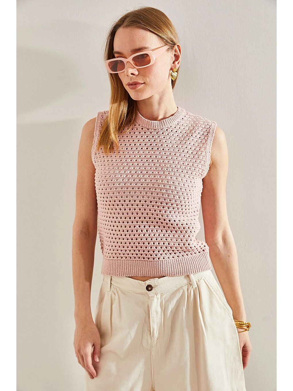 Pembe Kadın Örgü Desenli Triko Bluz-2