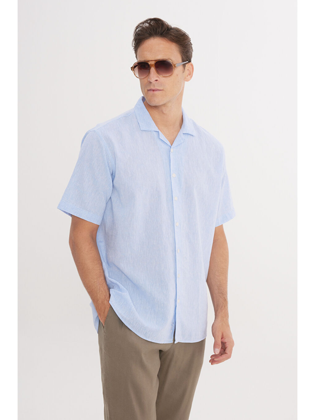 Erkek Mavi Keten Comfort Fit Rahat Kesim Hawai Yaka Gömlek