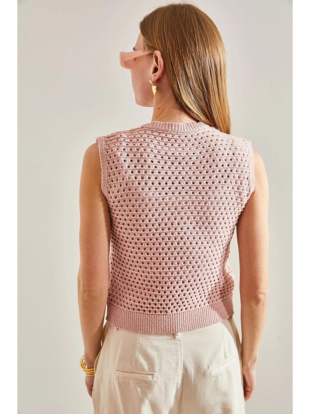 Pembe Kadın Örgü Desenli Triko Bluz-3