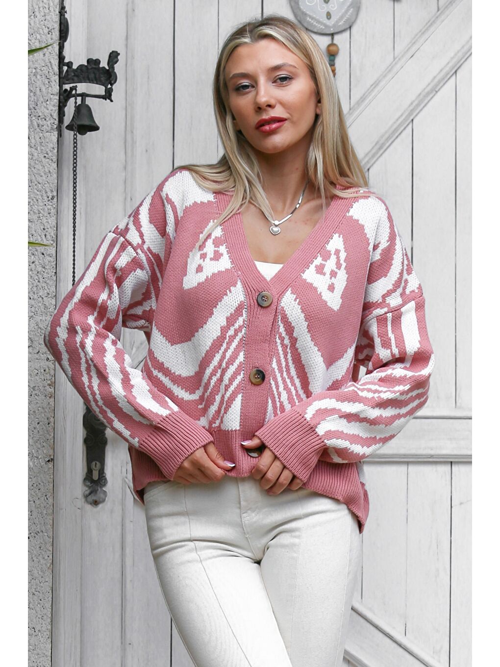 Chiccy Pembe-Beyaz Uzun Kol Desenli Düğmeli Triko Casual Hırka