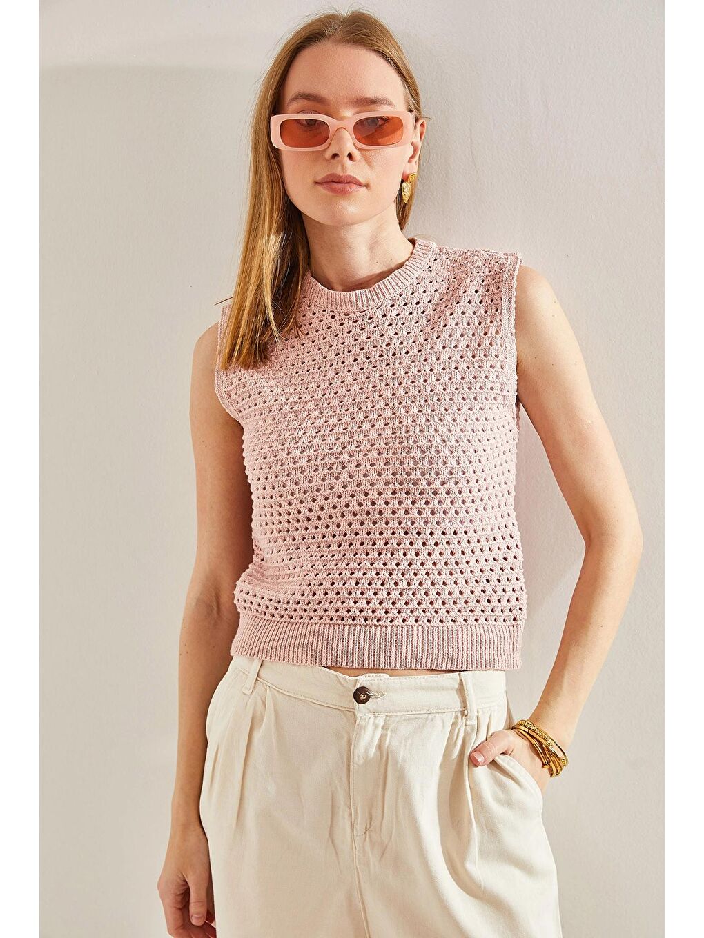 Pembe Kadın Örgü Desenli Triko Bluz-4