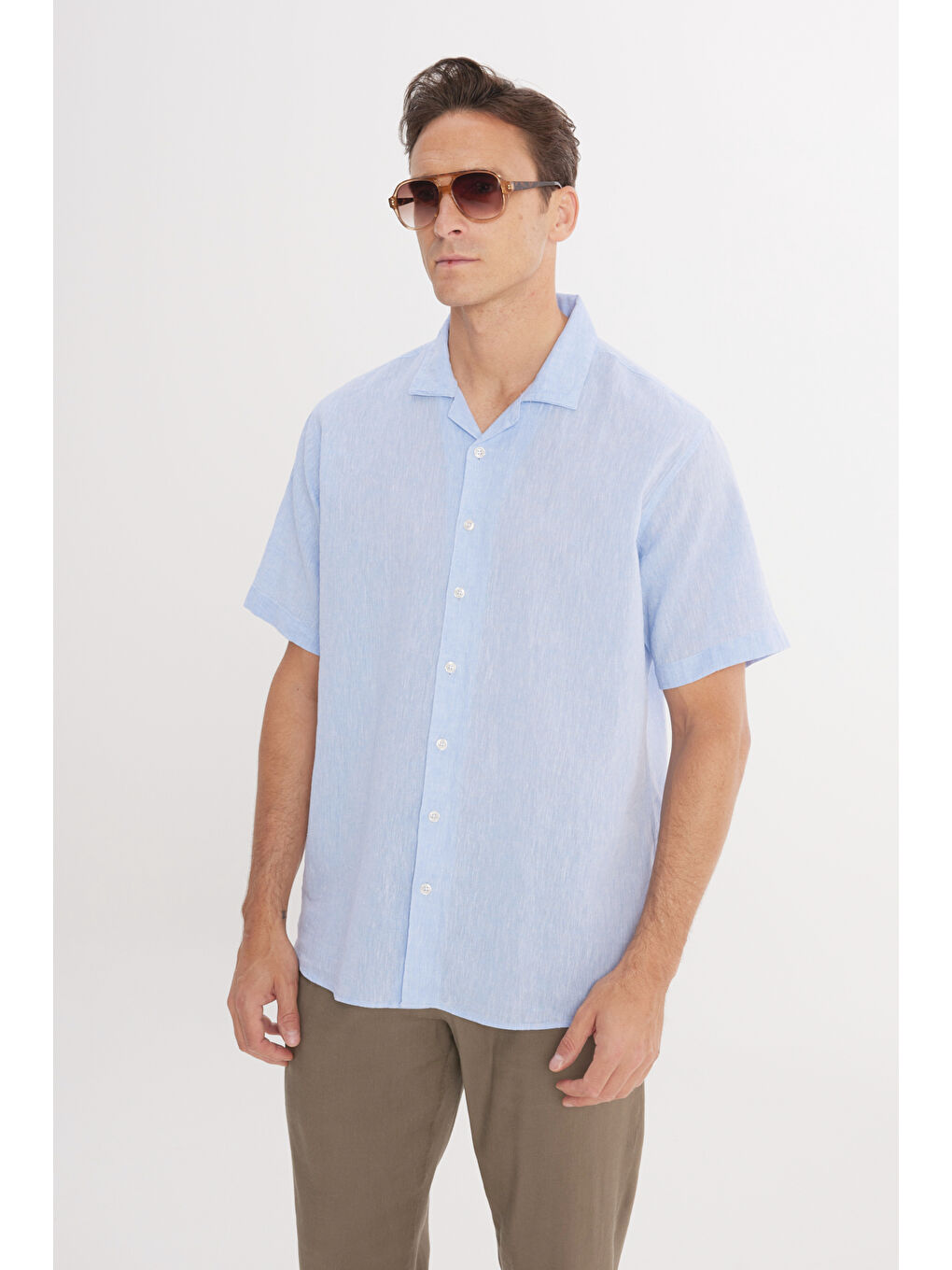 Erkek Mavi Keten Comfort Fit Rahat Kesim Hawai Yaka Gömlek-2