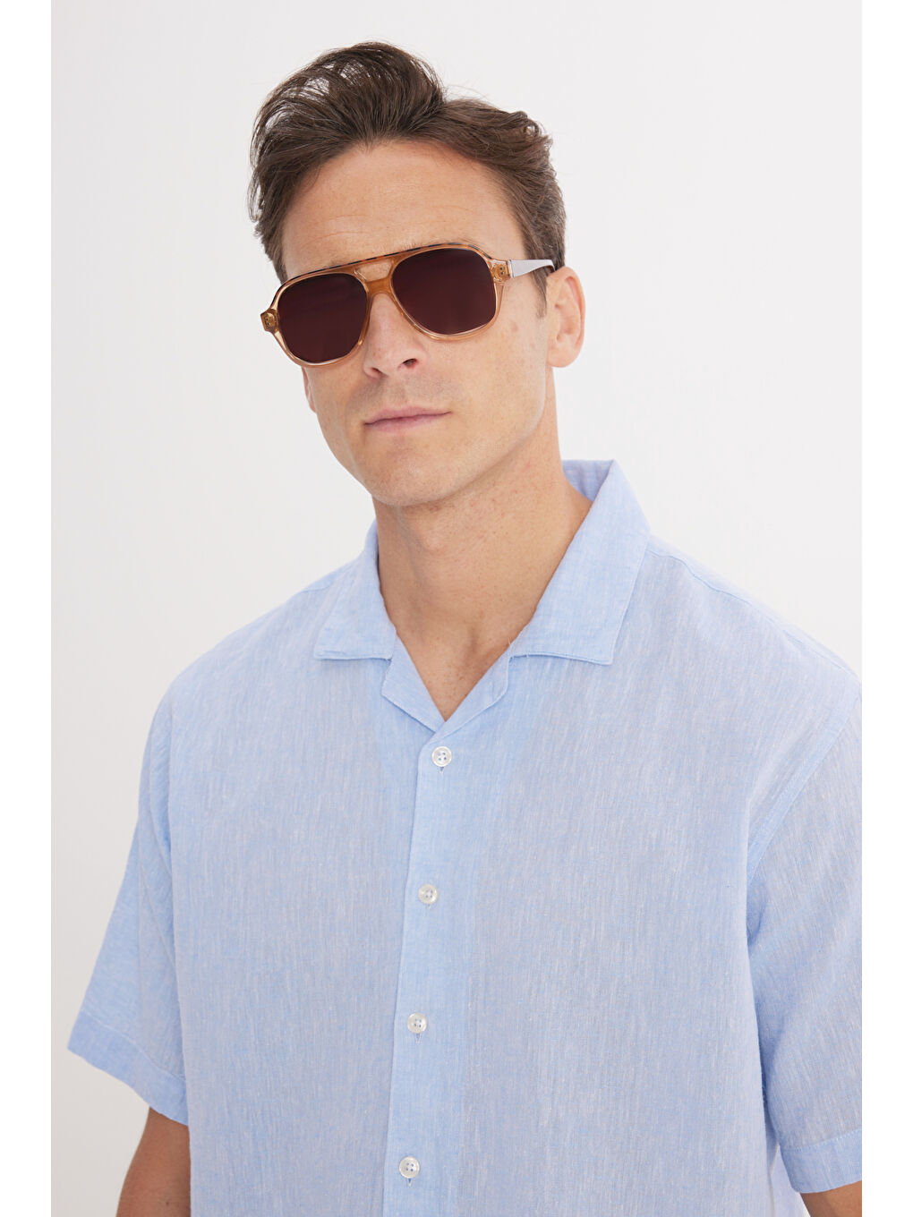 Erkek Mavi Keten Comfort Fit Rahat Kesim Hawai Yaka Gömlek-3