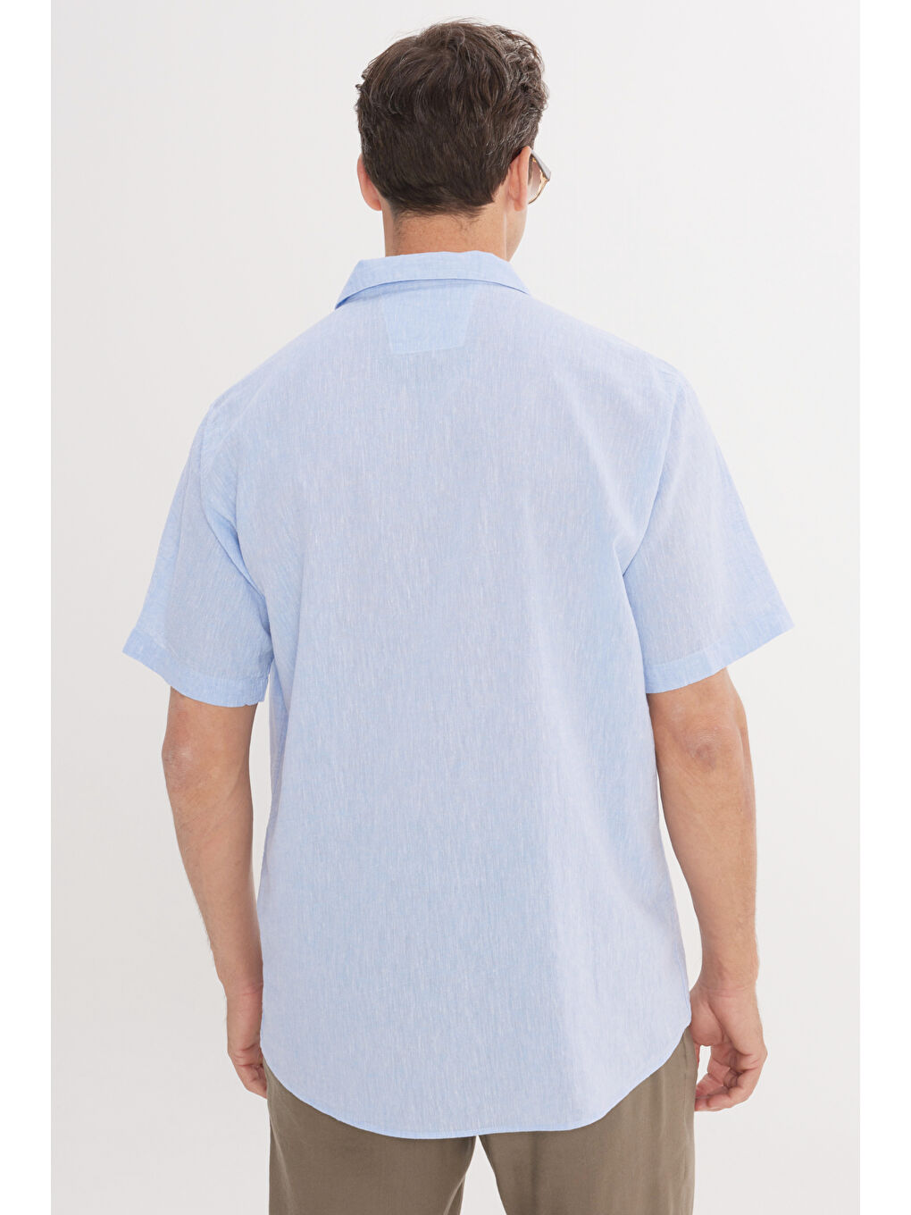 Erkek Mavi Keten Comfort Fit Rahat Kesim Hawai Yaka Gömlek-4